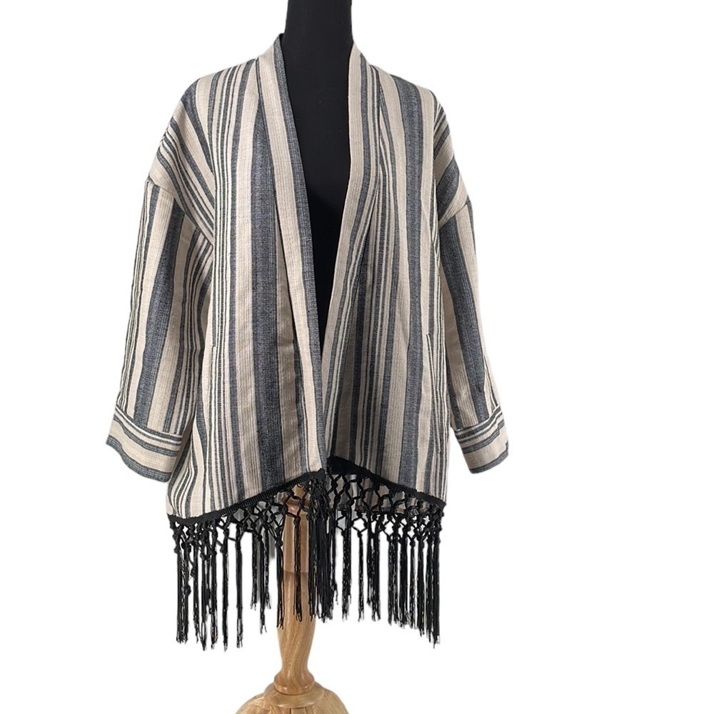 Zara Ecru Neutral Striped Boho 3/4 Sleeves Fringe Kimono festival Jacket sz sm